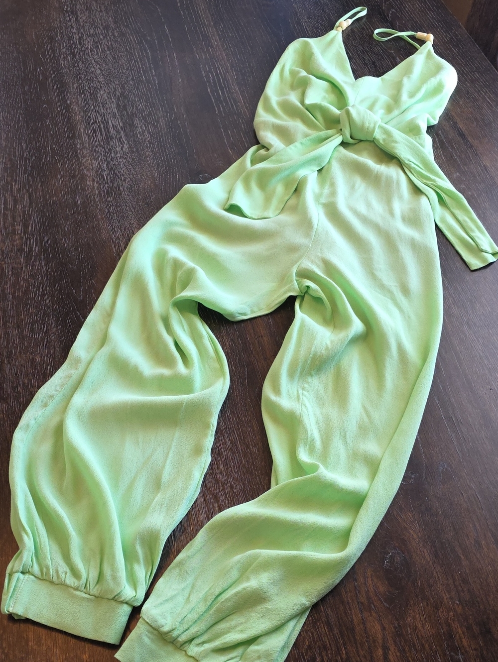 Satin Tie-Front Light Green Jumpsuit with Adjustable Straps